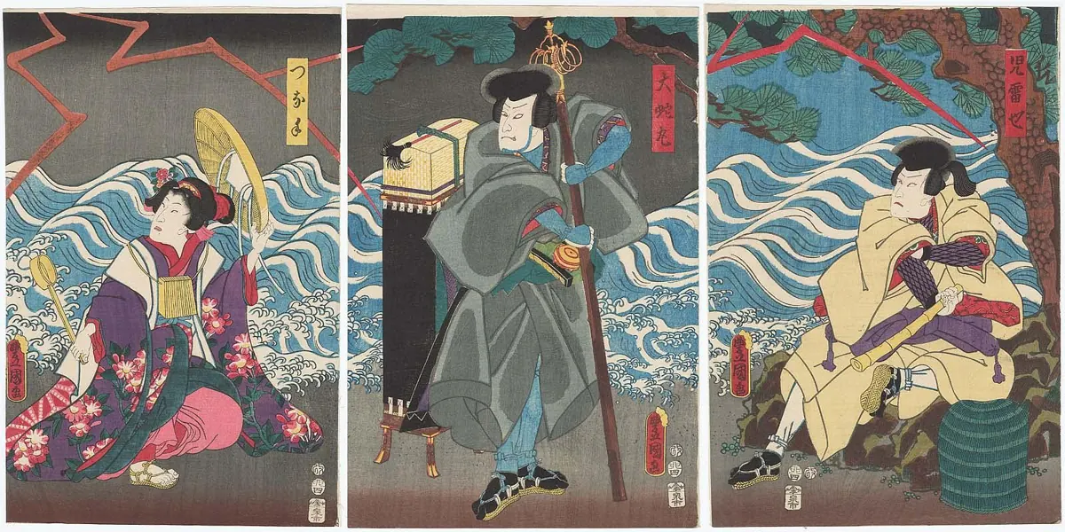 A triptych print of three figures against a stormy sea: a woman in a purple robe, a man in grey carrying a box on a pole, and a seated man in yellow
